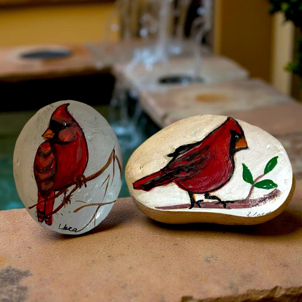 Hand crafted painted Cardinal rocks set of 2  red brown green leaf tree branch